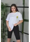 SBRD- Kadın Bisiklet Yaka Baskılı Kısa Kol Oversize T-shirt - Beyaz