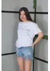 SBRD- Kadın Bisiklet Yaka Baskılı Kısa Kol Oversize T-shirt- Beyaz
