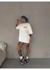 SBRD- Kadın Bisiklet Yaka Baskılı Kısa Kol Oversize T-shirt - Beyaz