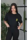 SBRD- Kadın Bisiklet Yaka Baskılı  Kısa Kol Oversize T-shirt - Siyah