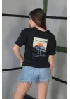 SBRD- Kadın Bisiklet Yaka Baskılı Kısa Kol Oversize T-shirt - Siyah