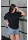 SBRD- Kadın Bisiklet Yaka Baskılı Kısa Kol Oversize T-shirt - Siyah