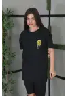 SBRD- Kadın Bisiklet Yaka Baskılı  Kısa Kol Oversize T-shirt - Siyah