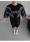 SBRD- Kadın Bisiklet Yaka Baskılı  Kısa Kol Oversize T-shirt - Siyah
