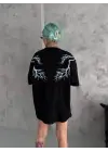 SBRD- Kadın Bisiklet Yaka Baskılı  Kısa Kol Oversize T-shirt - Siyah
