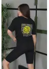SBRD- Kadın Bisiklet Yaka Baskılı  Kısa Kol Oversize T-shirt - Siyah