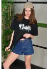 SBRD- Kadın Bisiklet Yaka Baskılı  Kısa Kol Oversize T-shirt - Siyah