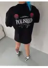 SBRD- Kadın Bisiklet Yaka Baskılı Kısa Kol Oversize T-shirt - Siyah