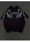 SBRD- Kadın Bisiklet Yaka Baskılı  Kısa Kol Oversize T-shirt - Siyah