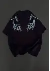 SBRD- Kadın Bisiklet Yaka Baskılı  Kısa Kol Oversize T-shirt - Siyah