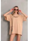SBRD- Kadın Bisiklet Yaka Baskılı Oversize Kısa Kol T-shirt - Bej