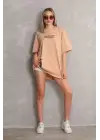 SBRD- Kadın Bisiklet Yaka Baskılı Oversize Kısa Kol T-shirt - Bej