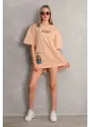 SBRD- Kadın Bisiklet Yaka Baskılı Oversize Kısa Kol T-shirt - Bej