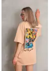 SBRD- Kadın Bisiklet Yaka Baskılı Oversize Kısa Kol T-shirt - Bej