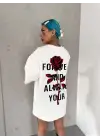 SBRD- Kadın Bisiklet Yaka Baskılı Oversize Kısa Kol  T-shirt - Beyaz