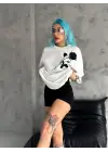 SBRD- Kadın Bisiklet Yaka Baskılı Oversize  Kısa Kol T-shirt - Beyaz