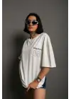 SBRD- Kadın Bisiklet Yaka Baskılı Oversize Kısa Kol  T-shirt - Beyaz