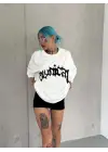 SBRD- Kadın Bisiklet Yaka Baskılı Oversize  Kısa Kol T-shirt - Beyaz