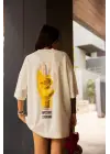 SBRD- Kadın Bisiklet Yaka Baskılı Oversize  Kısa Kol T-shirt - Beyaz