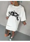 SBRD- Kadın Bisiklet Yaka Baskılı Oversize  Kısa Kol T-shirt - Beyaz