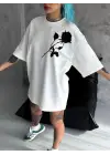 SBRD- Kadın Bisiklet Yaka Baskılı Oversize  Kısa Kol T-shirt - Beyaz