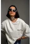 SBRD- Kadın Bisiklet Yaka Baskılı Oversize Kısa Kol  T-shirt - Beyaz