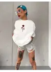 SBRD- Kadın Bisiklet Yaka Baskılı Oversize Kısa Kol  T-shirt - Beyaz