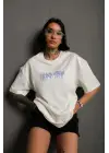 SBRD- Kadın Bisiklet Yaka Baskılı Oversize Kısa Kol  T-shirt - Beyaz