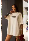 SBRD- Kadın Bisiklet Yaka Baskılı Oversize  Kısa Kol T-shirt - Beyaz