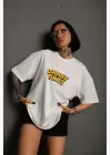 SBRD- Kadın Bisiklet Yaka Baskılı Oversize Kısa Kol  T-shirt - Beyaz