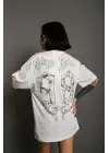 SBRD- Kadın Bisiklet Yaka Baskılı Oversize Kısa Kol  T-shirt - Beyaz