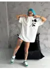 SBRD- Kadın Bisiklet Yaka Baskılı Oversize  Kısa Kol T-shirt - Beyaz