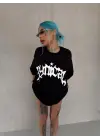 SBRD- Kadın Bisiklet Yaka Baskılı Oversize Kısa Kol  T-shirt - Siyah