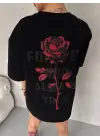 SBRD- Kadın Bisiklet Yaka Baskılı Oversize  Kısa Kol T-shirt - Siyah