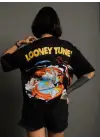 SBRD- Kadın Bisiklet Yaka Baskılı Oversize  Kısa Kol T-shirt - Siyah