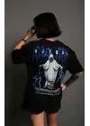 SBRD- Kadın Bisiklet Yaka Baskılı Oversize  Kısa Kol T-shirt - Siyah