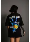 SBRD- Kadın Bisiklet Yaka Baskılı Oversize Kısa Kol T-shirt - Siyah