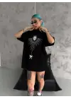 SBRD- Kadın Bisiklet Yaka Baskılı Oversize  Kısa Kol T-shirt - Siyah