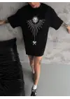SBRD- Kadın Bisiklet Yaka Baskılı Oversize  Kısa Kol T-shirt - Siyah