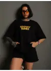 SBRD- Kadın Bisiklet Yaka Baskılı Oversize  Kısa Kol T-shirt - Siyah