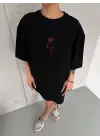SBRD- Kadın Bisiklet Yaka Baskılı Oversize  Kısa Kol T-shirt - Siyah