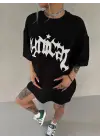 SBRD- Kadın Bisiklet Yaka Baskılı Oversize Kısa Kol  T-shirt - Siyah