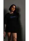 SBRD- Kadın Bisiklet Yaka Baskılı Oversize  Kısa Kol T-shirt - Siyah