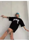 SBRD- Kadın Bisiklet Yaka Baskılı Oversize Kısa Kol  T-shirt - Siyah