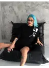 SBRD- Kadın Bisiklet Yaka Baskılı Oversize  Kısa Kol T-shirt - Siyah
