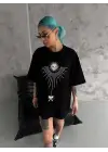 SBRD- Kadın Bisiklet Yaka Baskılı Oversize  Kısa Kol T-shirt - Siyah