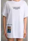 SBRD- Kadın Bisiklet Yaka Baskılı Oversize T-shirt - Beyaz
