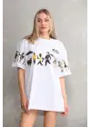 SBRD- Kadın Bisiklet Yaka Baskılı Oversize T-shirt - Beyaz