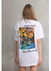 SBRD- Kadın Bisiklet Yaka Baskılı Oversize T-shirt - Beyaz