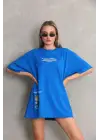 SBRD- Kadın Bisiklet Yaka Baskılı Oversize T-shirt - Mavi